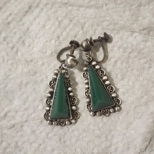 Vintage Earrings  Sterling Silver Green Onyx